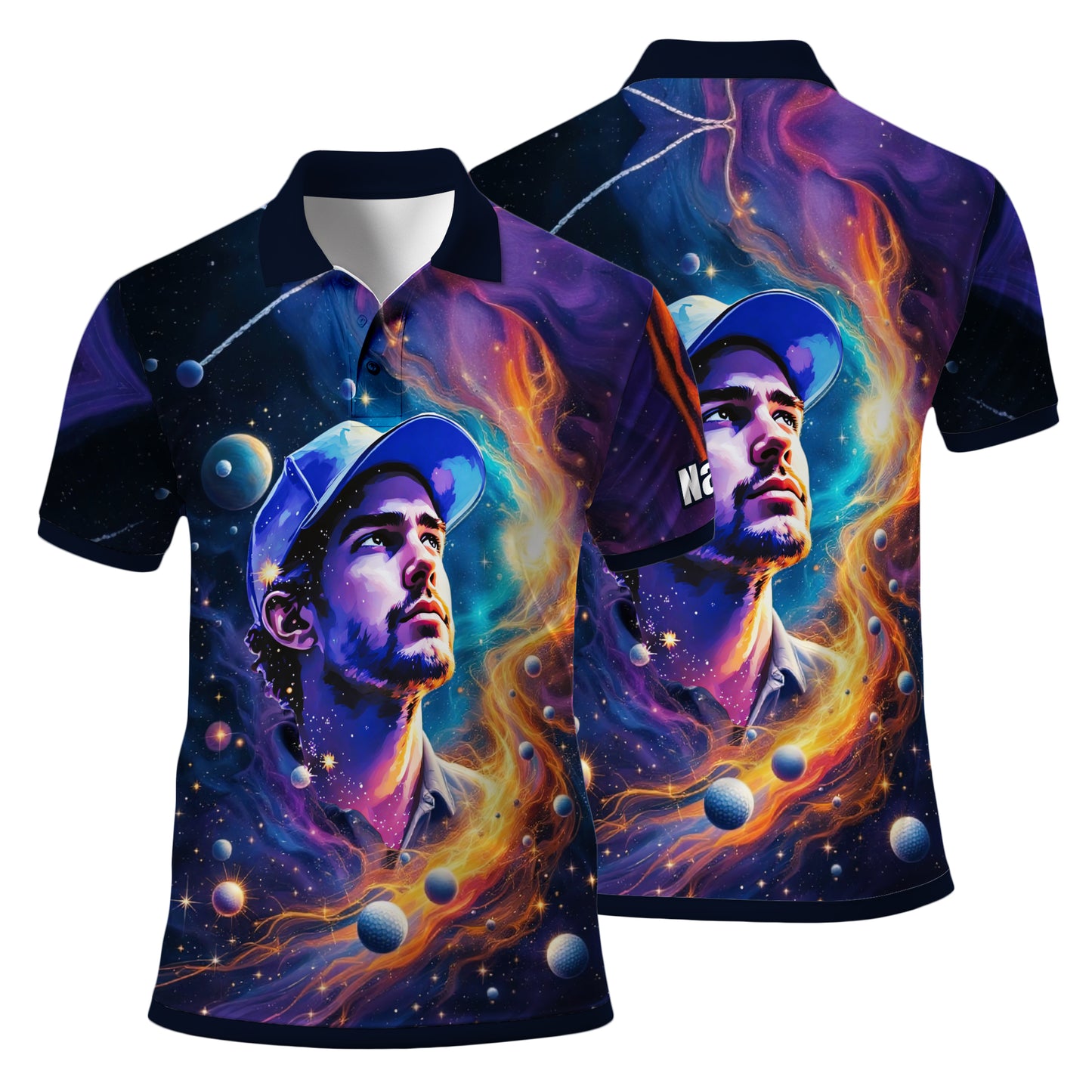 Custom Cosmic Portrait Polo Shirt – Personalized Surreal Galaxy Art with Your Face | Unique Gift for Golfers, Sports & Astrology Fans Style 2