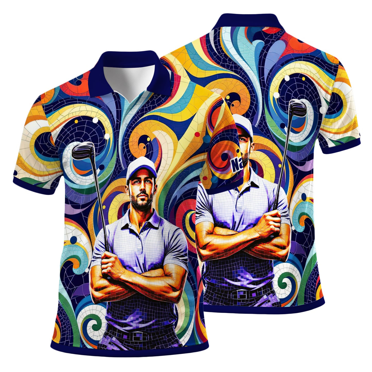 HomyGifts Men's Customized Face Artistic Golf Polo Shirt, Mosaic Art Style, Unique Personalized Golf Polo For Men Style 10