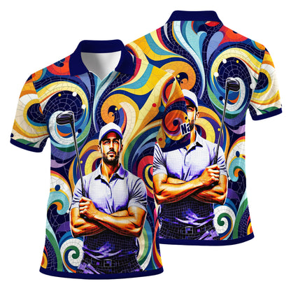 HomyGifts Men's Customized Face Artistic Golf Polo Shirt, Mosaic Art Style, Unique Personalized Golf Polo For Men Style 10