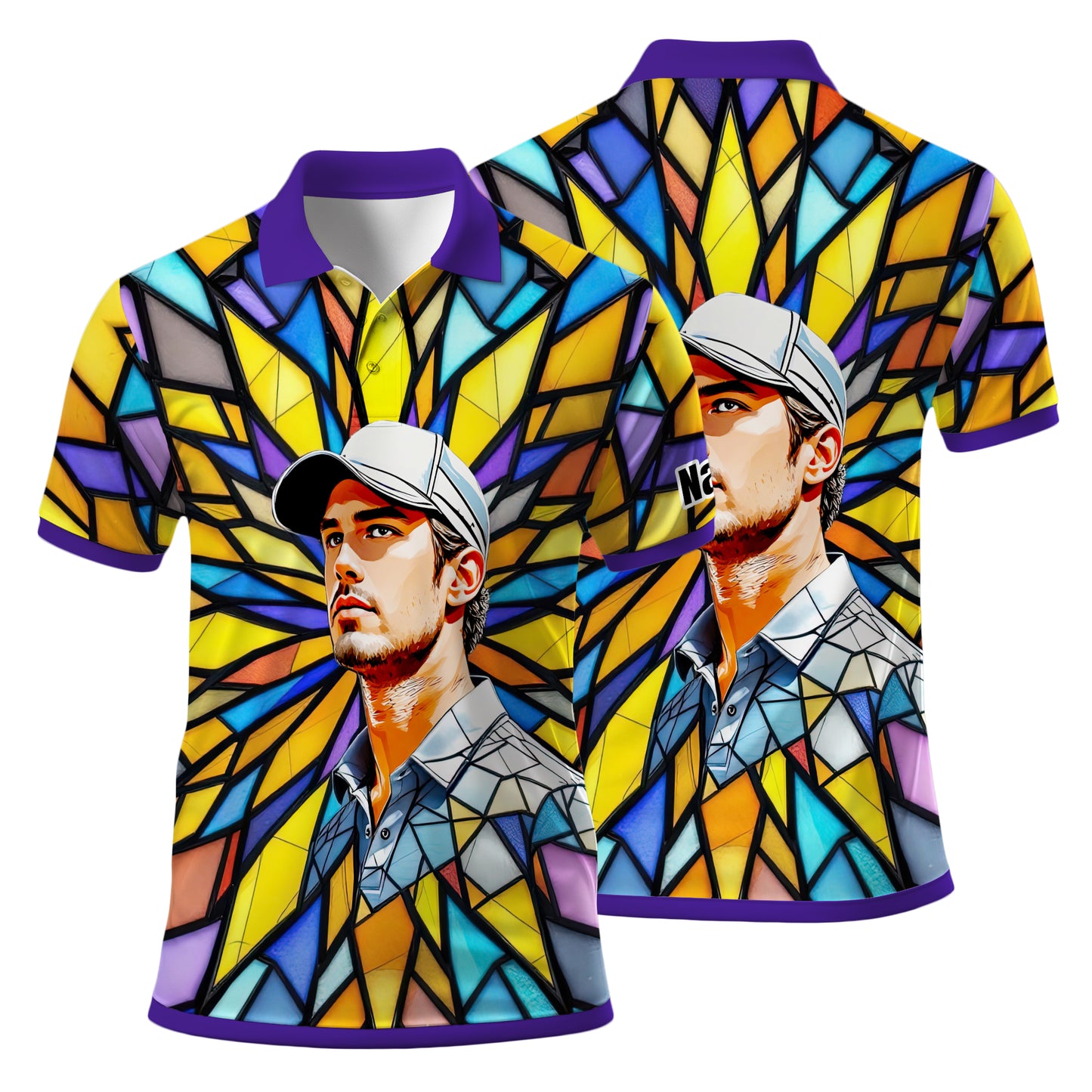 Custom Face Golf Polo Shirt – Personalized Stained Glass Art Shirt, Unique Golf Gift for Him, Colorful Abstract Golf Polo, Custom Sportswear