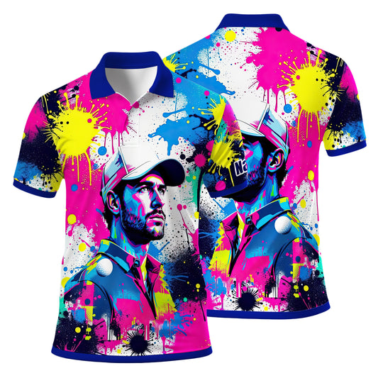 HomyGifts Men's Customized Face Artistic Golf Polo Shirt, Personalized Pop Art Golf Polo, Portrait Gift for Golfers Style 1