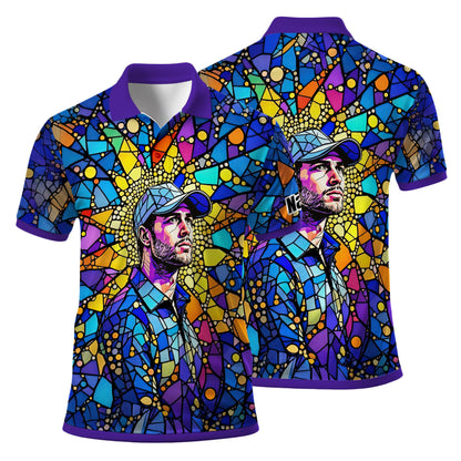 Custom Face Golf Polo Shirt – Personalized Stained Glass Art Shirt, Unique Golf Gift for Him, Colorful Abstract Golf Polo, Custom Sportswear