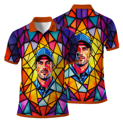 HomyGifts Men's Customized Face Artistic Golf Polo Shirt, Angular Geometric Glass Pattern, Stained-Glass Mosaic Print, Personalized Sublimation Golf Shirt, Vibrant Geometric Portrait Tee