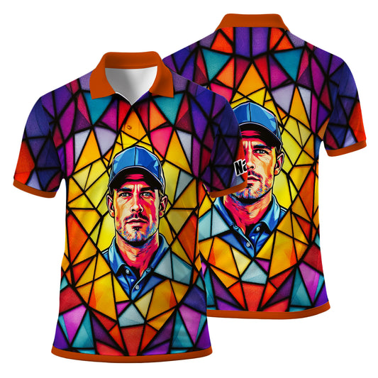 HomyGifts Men's Customized Face Artistic Golf Polo Shirt, Angular Geometric Glass Pattern, Stained-Glass Mosaic Print, Personalized Sublimation Golf Shirt, Vibrant Geometric Portrait Tee
