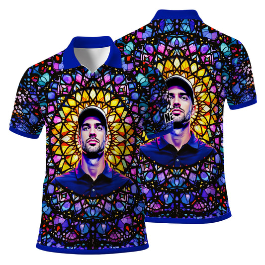 Custom Face Golf Polo Shirt – Personalized Stained Glass Mandala Style Polo, Unique Gift for Men & Women, Vibrant Artistic Golf Shirt, Custom Photo Polo