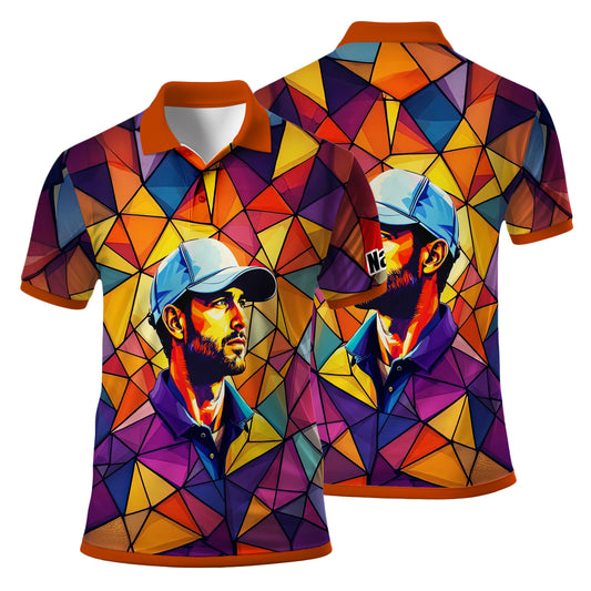 Angular Geometric Glass Pattern Custom Face Polo — Stained-Glass Mosaic Print, Personalized Sublimation Golf Shirt, Vibrant Geometric Portrait Tee