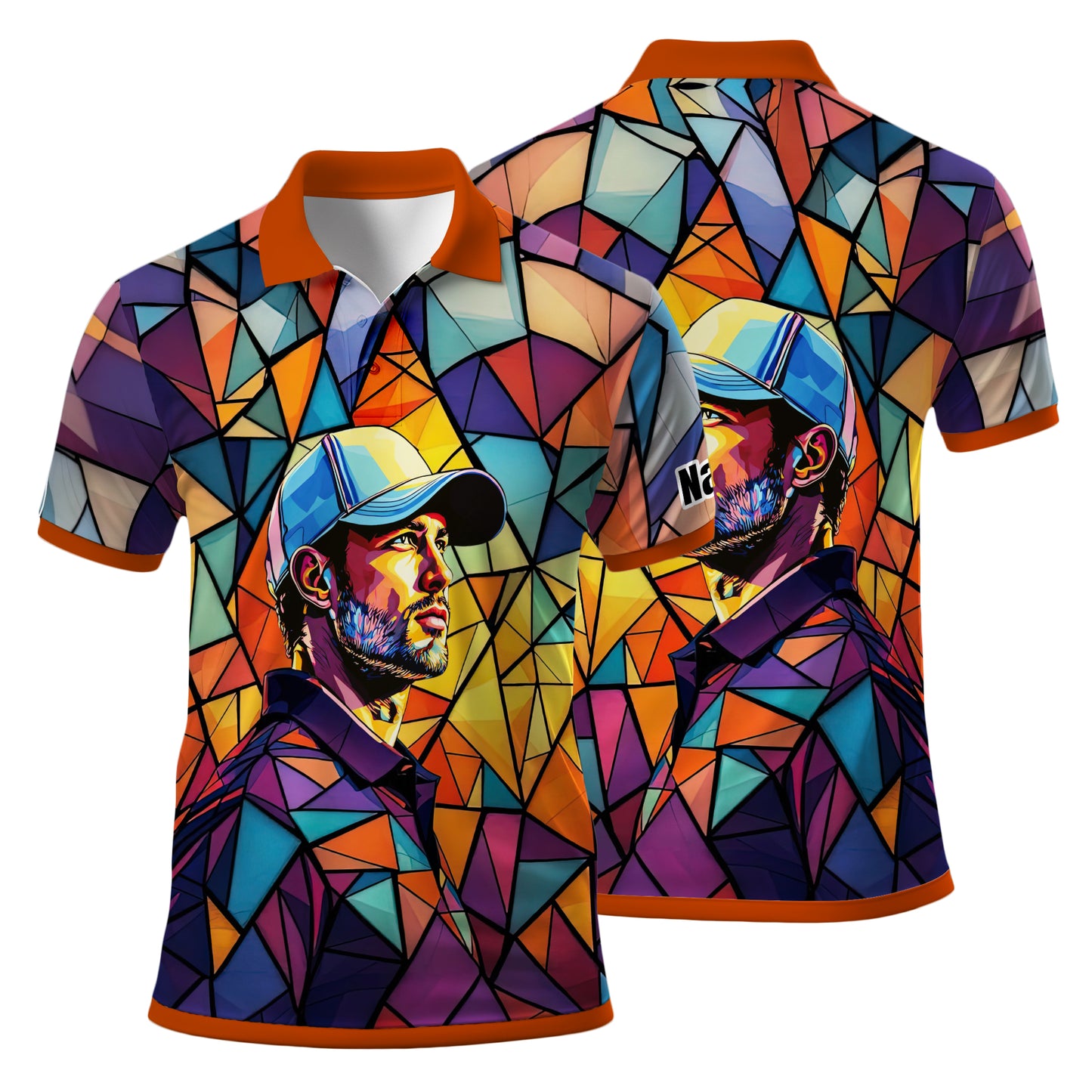Angular Geometric Glass Pattern Custom Face Polo — Stained-Glass Mosaic Print, Personalized Sublimation Golf Shirt, Vibrant Geometric Portrait Tee