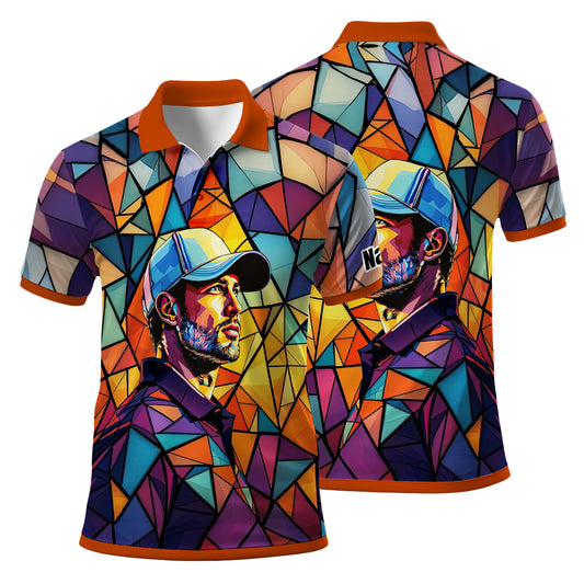 Angular Geometric Glass Pattern Custom Face Polo — Stained-Glass Mosaic Print, Personalized Sublimation Golf Shirt, Vibrant Geometric Portrait Tee