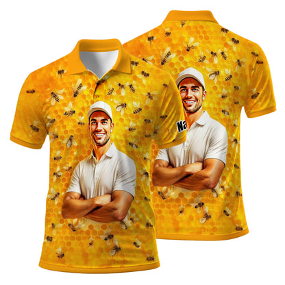 HomyGifts Men's Customized Face Artistic Golf Polo Shirt, Personalized Bee & Honeycomb Polo Shirt with Face, Funny Honey Lover Outfit, Summer Polo for Men Style 1