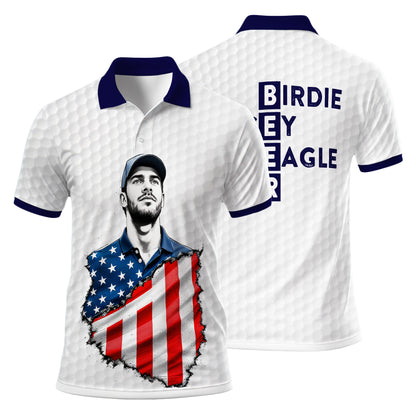 HomyGifts Men's Customized Face Artistic Golf Polo Shirt, Personalized American Flag Design, Unique Gift for Patriotic Golfers Style 3