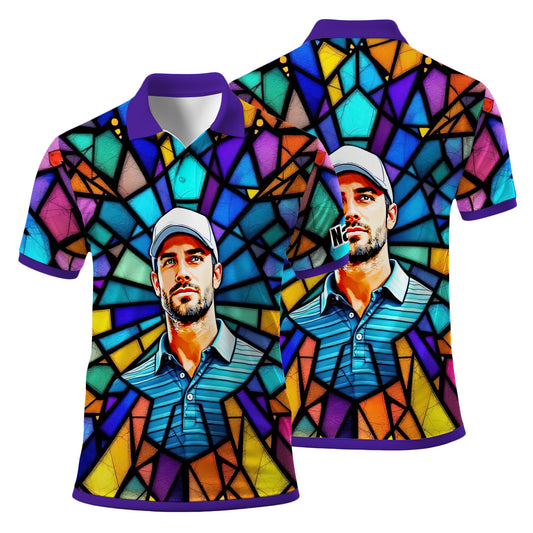 Custom Face Golf Polo Shirt – Personalized Stained Glass Art Shirt, Unique Golf Gift for Him, Colorful Abstract Golf Polo, Custom Sportswear