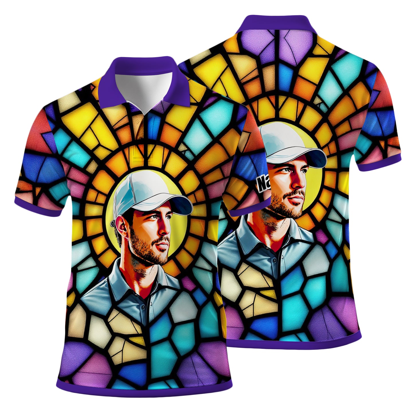 Custom Face Golf Polo Shirt – Personalized Stained Glass Art Shirt, Unique Golf Gift for Him, Colorful Abstract Golf Polo, Custom Sportswear