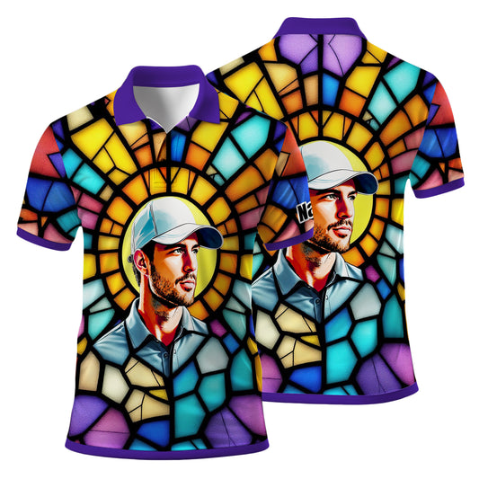 Custom Face Golf Polo Shirt – Personalized Stained Glass Art Shirt, Unique Golf Gift for Him, Colorful Abstract Golf Polo, Custom Sportswear