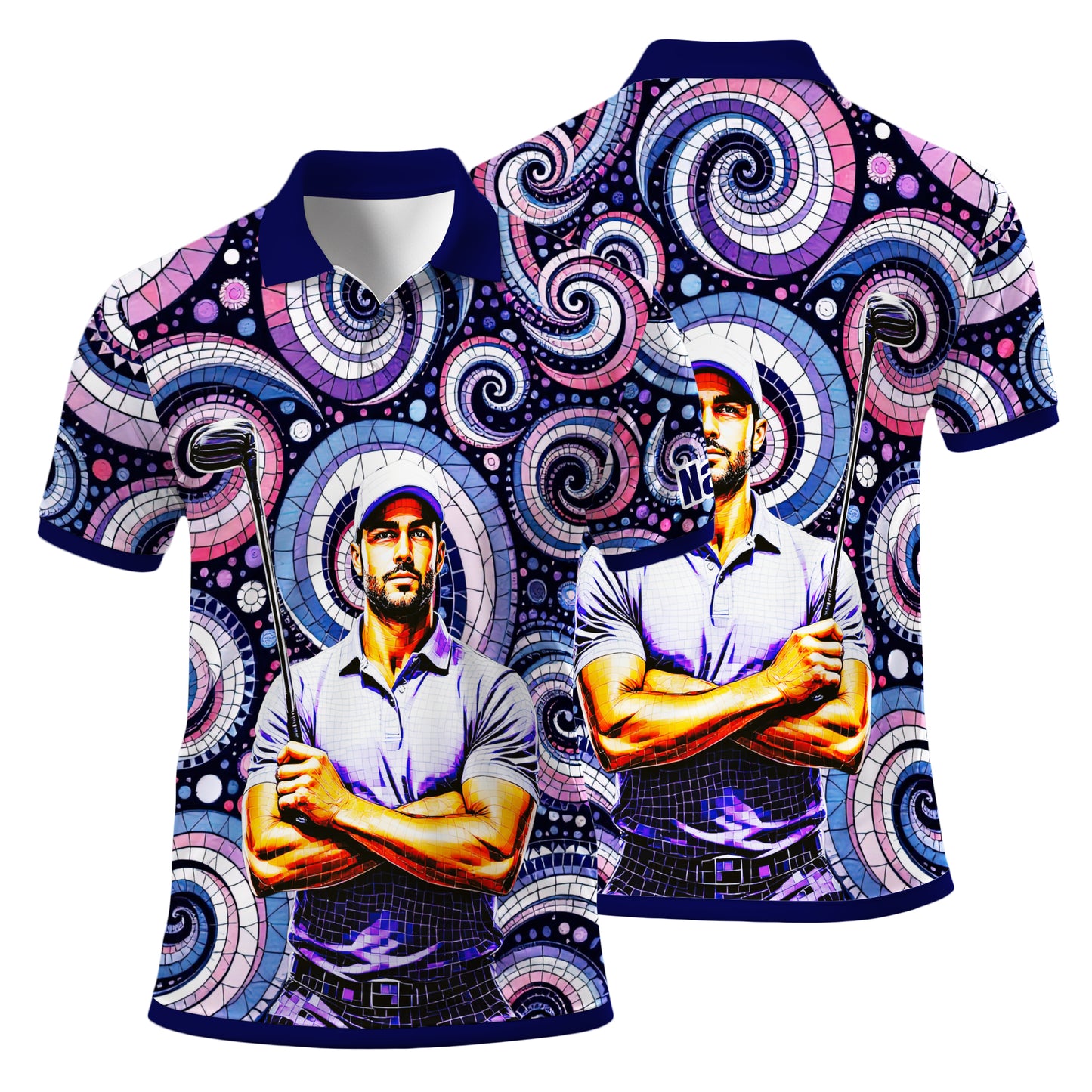 HomyGifts Men's Customized Face Artistic Golf Polo Shirt, Mosaic Art Style, Unique Personalized Golf Polo For Men Style 6