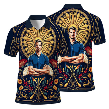 Custom Face Golf Polo Shirt – Swing in Gold Art Deco Revival Style | Personalized Golf Shirt for Men Style 2