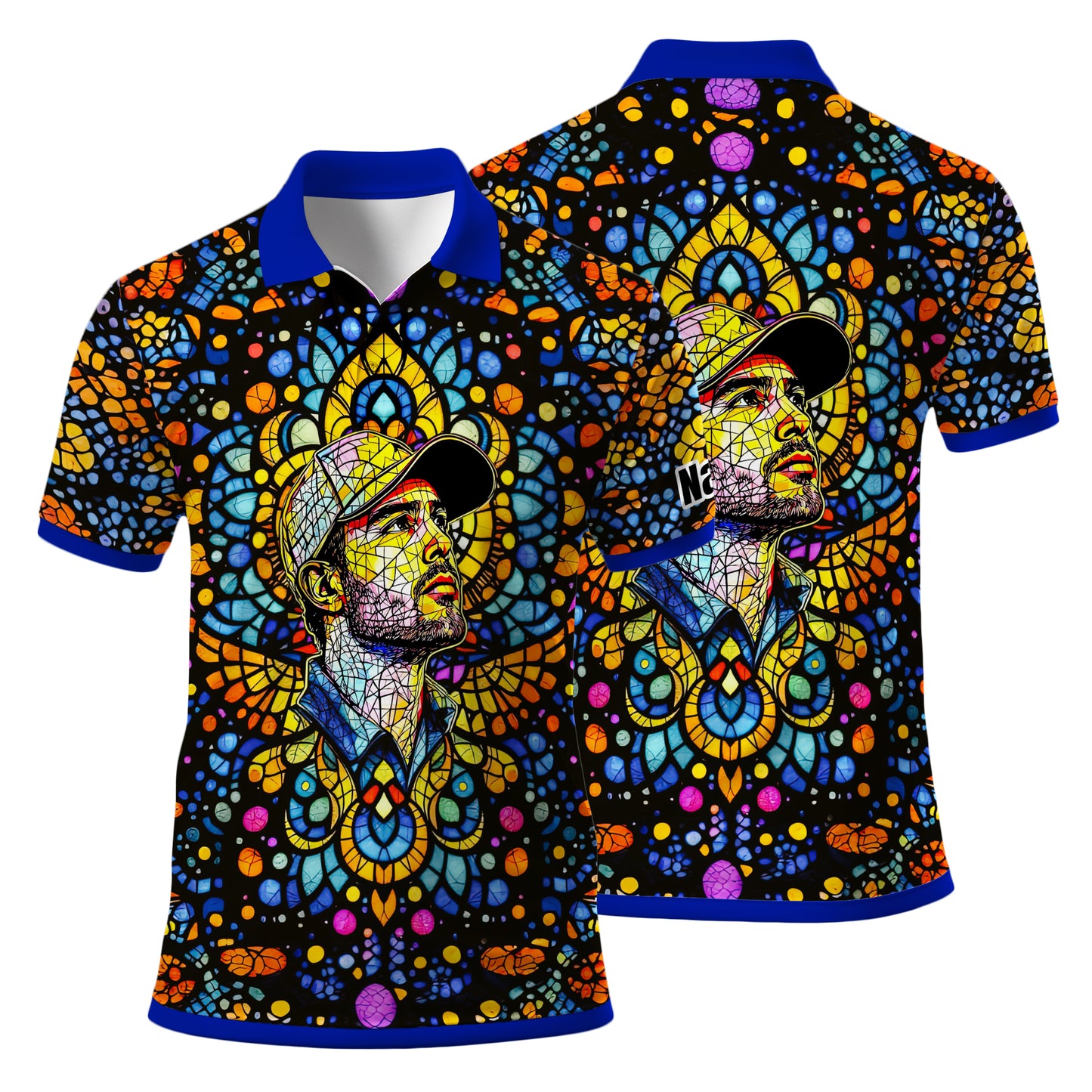 Custom Face Golf Polo Shirt – Personalized Stained Glass Mandala Style Polo, Unique Gift for Men & Women, Vibrant Artistic Golf Shirt, Custom Photo Polo
