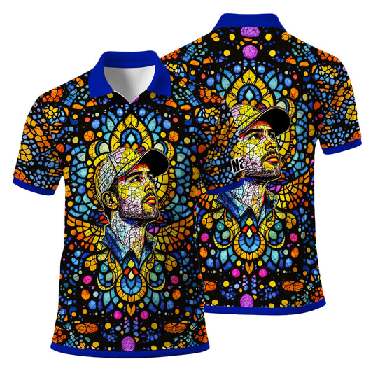 Custom Face Golf Polo Shirt – Personalized Stained Glass Mandala Style Polo, Unique Gift for Men & Women, Vibrant Artistic Golf Shirt, Custom Photo Polo