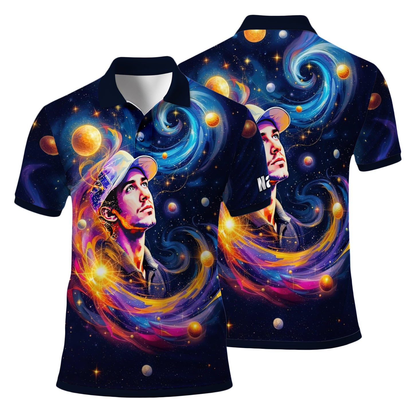 Custom Cosmic Portrait Polo Shirt – Personalized Surreal Galaxy Art with Your Face | Unique Gift for Golfers, Sports & Astrology Fans Style 3