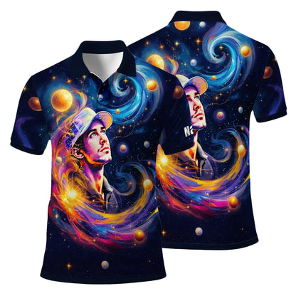 Custom Cosmic Portrait Polo Shirt – Personalized Surreal Galaxy Art with Your Face | Unique Gift for Golfers, Sports & Astrology Fans Style 3