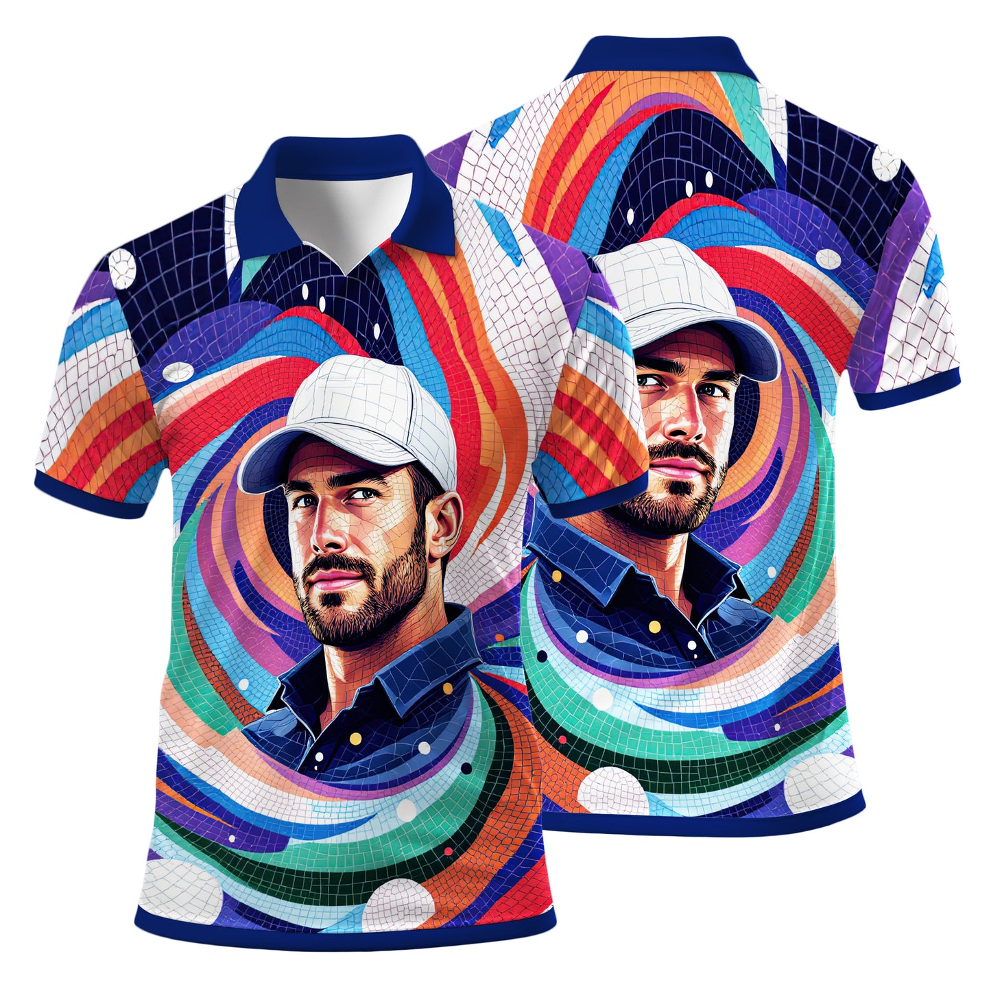 HomyGifts Men's Customized Face Artistic Golf Polo Shirt, Mosaic Art Style, Unique Personalized Golf Polo For Men Style 6
