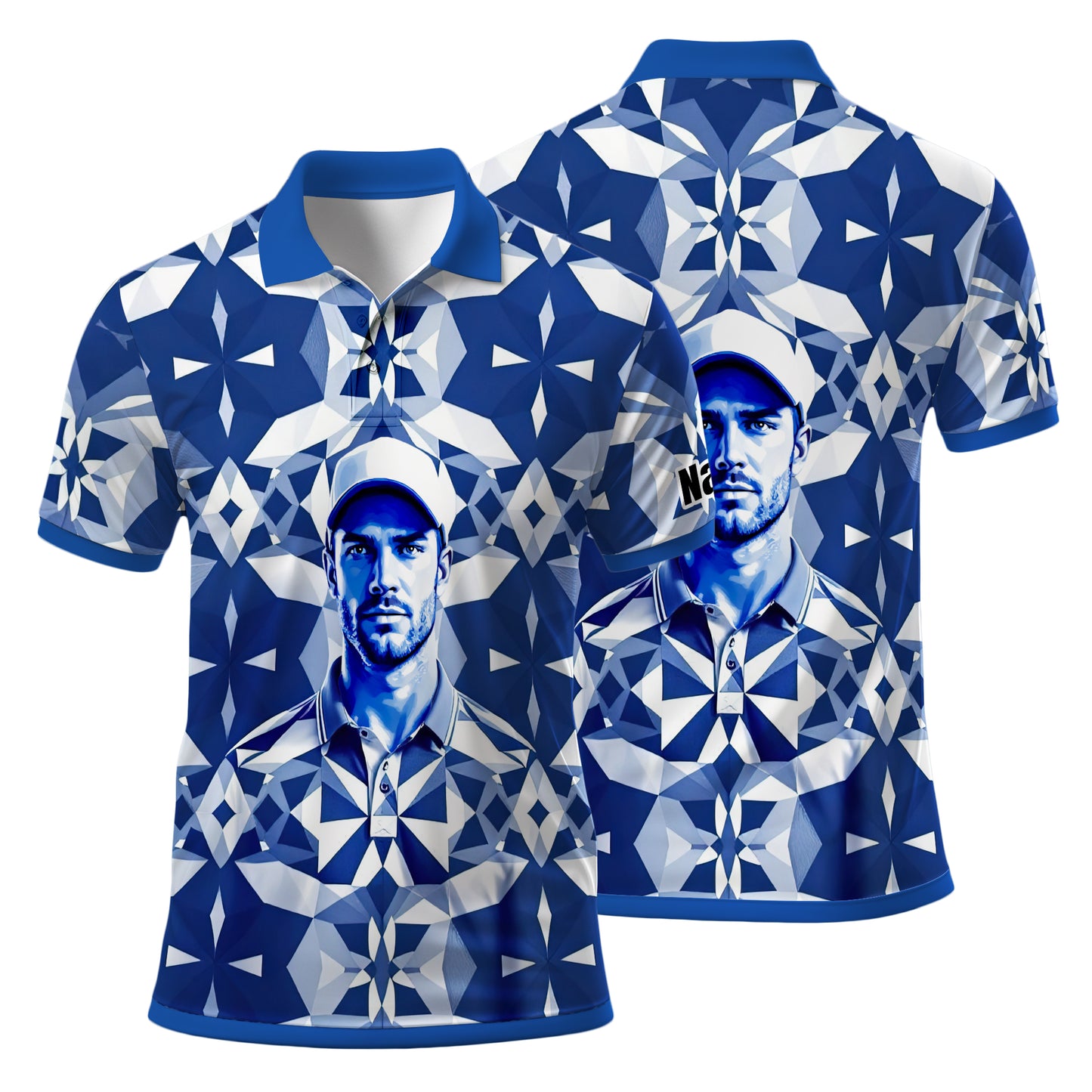 Custom Face Polo Shirt – Geometric Diamond Pattern | Personalized Photo Golf Polo | Unique Gift for Him, Retro Geometric Style Shirt Style 18