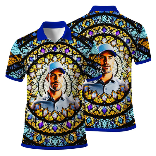 Custom Face Golf Polo Shirt – Personalized Stained Glass Mandala Style Polo, Unique Gift for Men & Women, Vibrant Artistic Golf Shirt, Custom Photo Polo