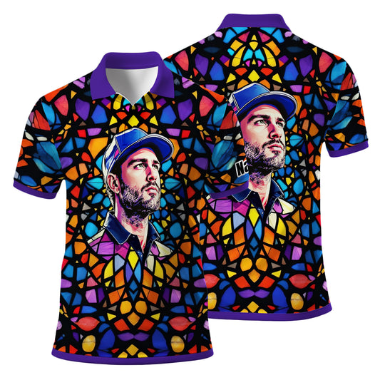 Custom Face Golf Polo Shirt – Personalized Stained Glass Art Shirt, Unique Golf Gift for Him, Colorful Abstract Golf Polo, Custom Sportswear