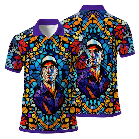 Custom Face Golf Polo Shirt – Personalized Stained Glass Art Shirt, Unique Golf Gift for Him, Colorful Abstract Golf Polo, Custom Sportswear