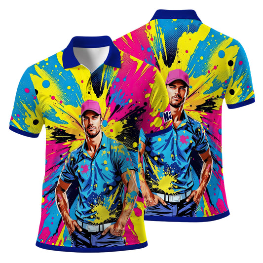 HomyGifts Men's Customized Face Artistic Golf Polo Shirt, Personalized Pop Art Golf Polo, Portrait Gift for Golfers Style 13