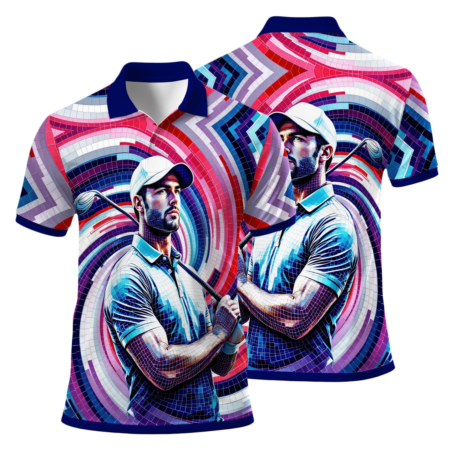 HomyGifts Men's Customized Face Artistic Golf Polo Shirt, Mosaic Art Style, Unique Personalized Golf Polo For Men Style 9