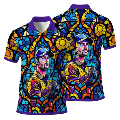 Custom Face Golf Polo Shirt – Personalized Stained Glass Art Shirt, Unique Golf Gift for Him, Colorful Abstract Golf Polo, Custom Sportswear