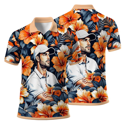Custom Face Tropical Floral Polo Shirt – Personalized Summer Shirt, Fun Beach Vacation Gift, Unique Tropical Party Outfit Style 3
