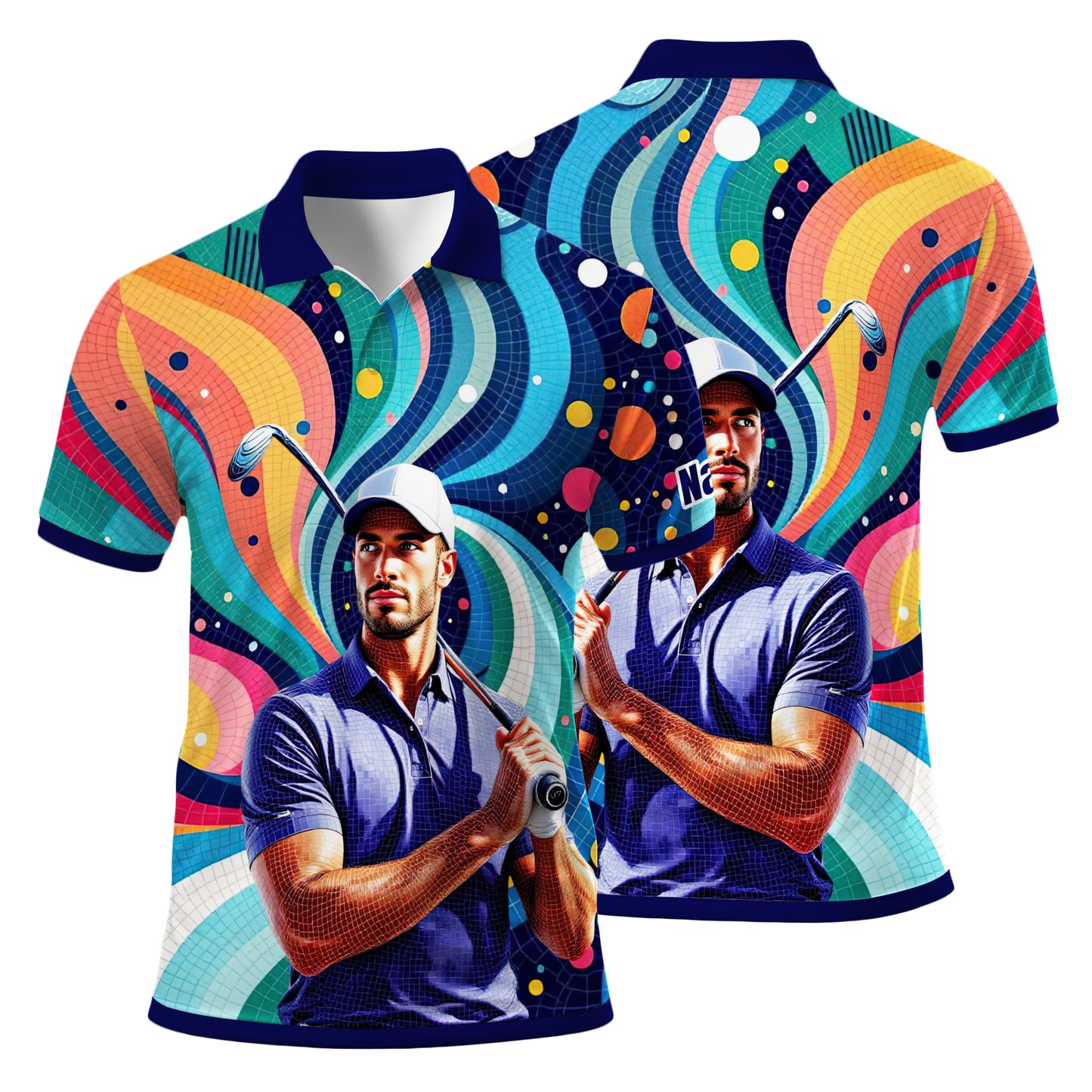 HomyGifts Men's Customized Face Artistic Golf Polo Shirt, Mosaic Art Style, Unique Personalized Golf Polo For Men Style 16