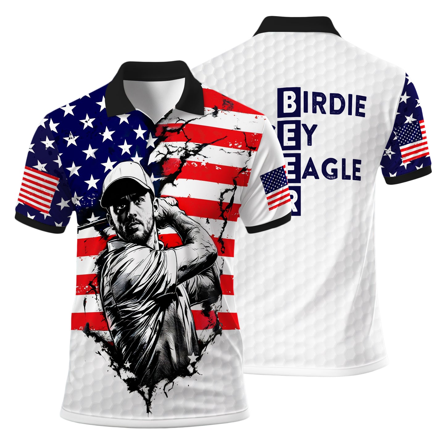 HomyGifts Men's Customized Face Artistic Golf Polo Shirt, Personalized American Flag Design, Unique Gift for Patriotic Golfers Style 4
