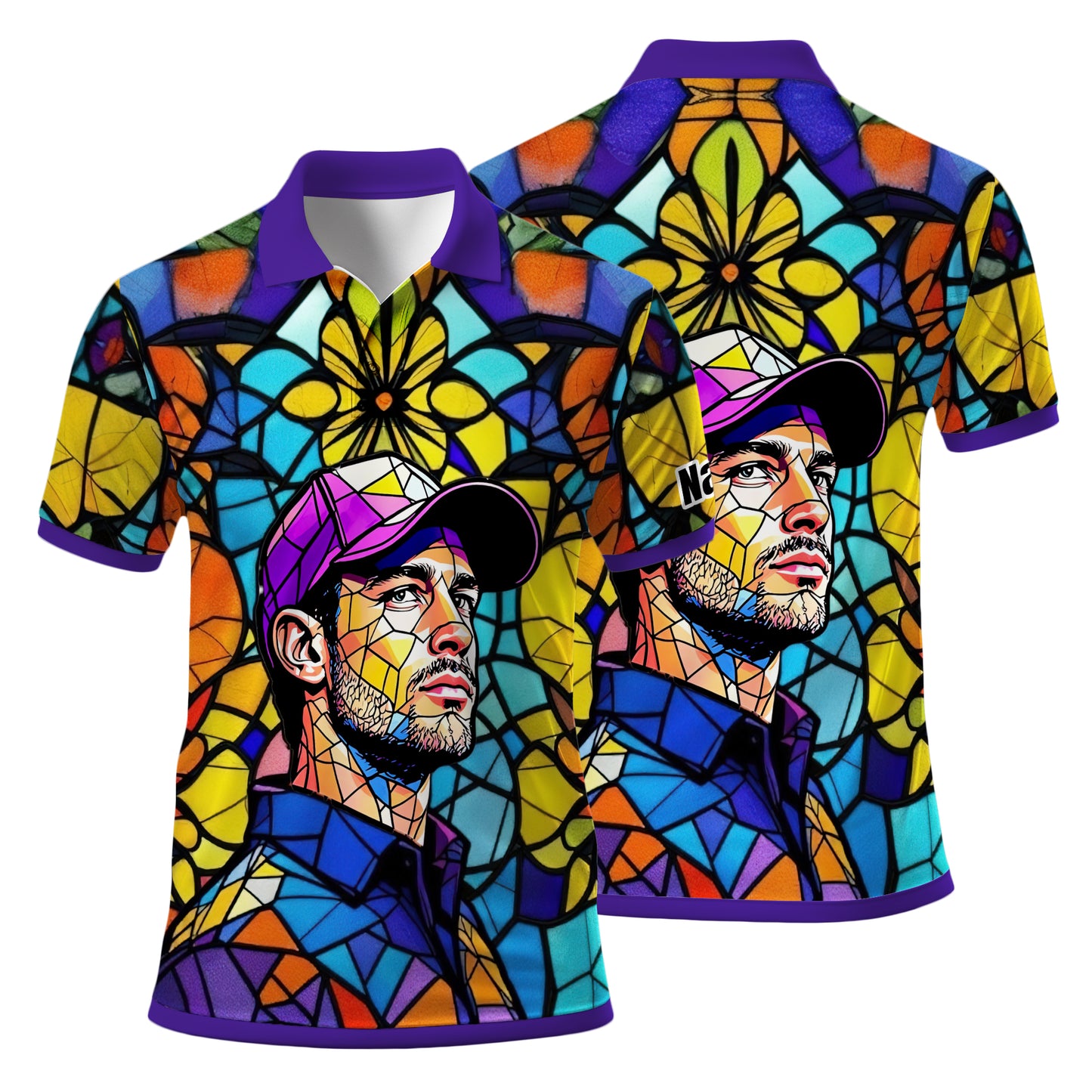 Custom Face Golf Polo Shirt – Personalized Stained Glass Art Shirt, Unique Golf Gift for Him, Colorful Abstract Golf Polo, Custom Sportswear