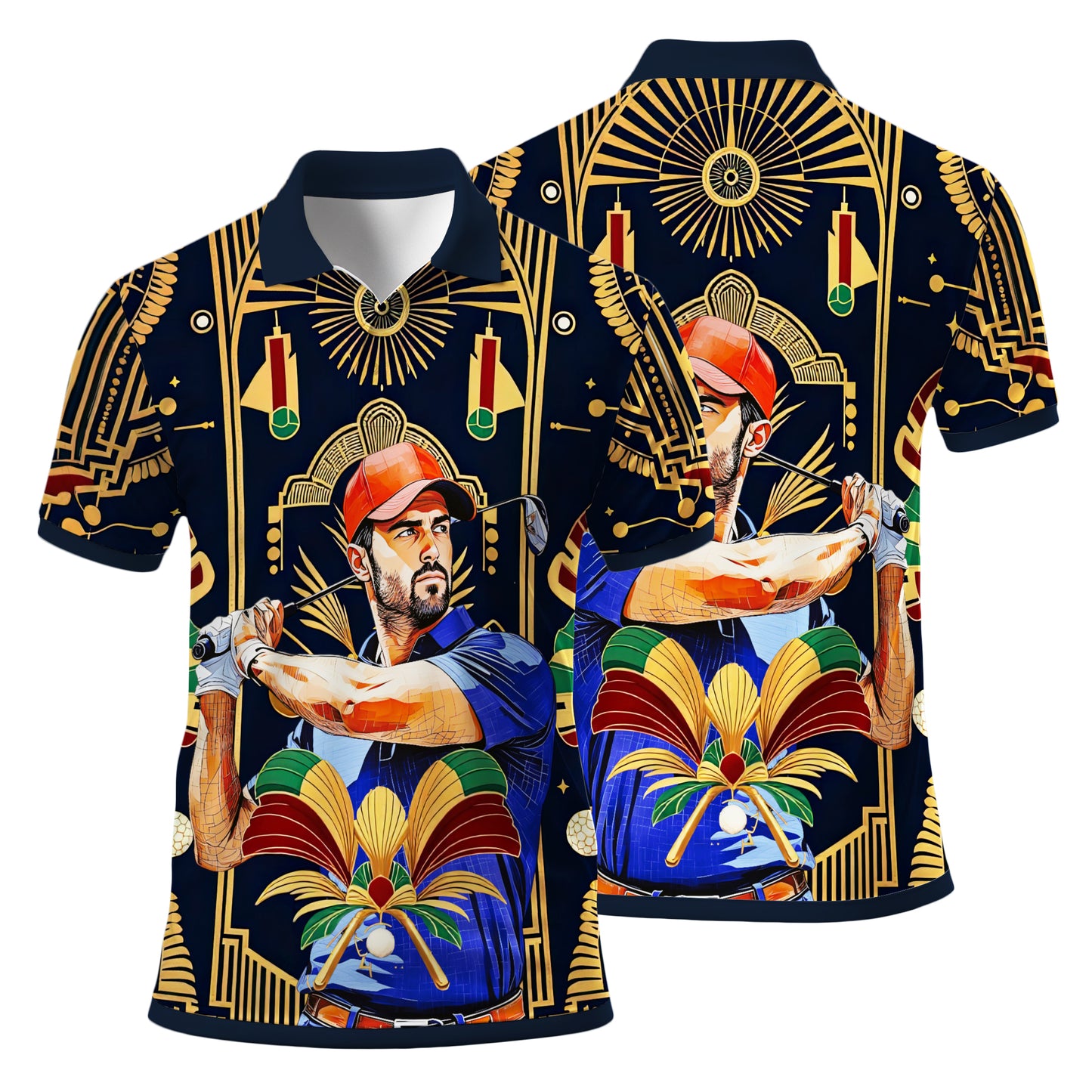Custom Face Golf Polo Shirt – Swing in Gold Art Deco Revival Style | Personalized Golf Shirt for Men Style 10