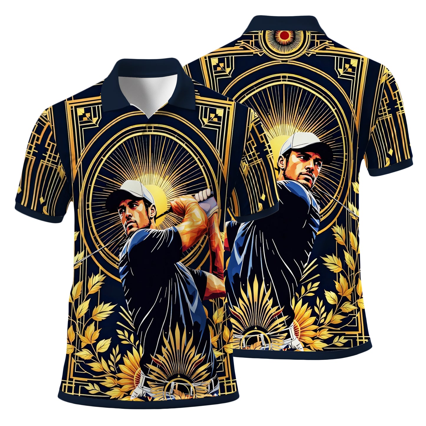 Custom Face Golf Polo Shirt – Swing in Gold Art Deco Revival Style | Personalized Golf Shirt for Men Style 6