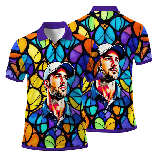 Custom Face Golf Polo Shirt – Personalized Stained Glass Art Shirt, Unique Golf Gift for Him, Colorful Abstract Golf Polo, Custom Sportswear