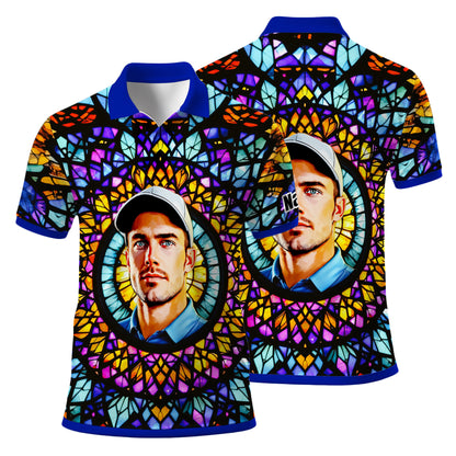 Custom Face Golf Polo Shirt – Personalized Stained Glass Mandala Style Polo, Unique Gift for Men & Women, Vibrant Artistic Golf Shirt, Custom Photo Polo