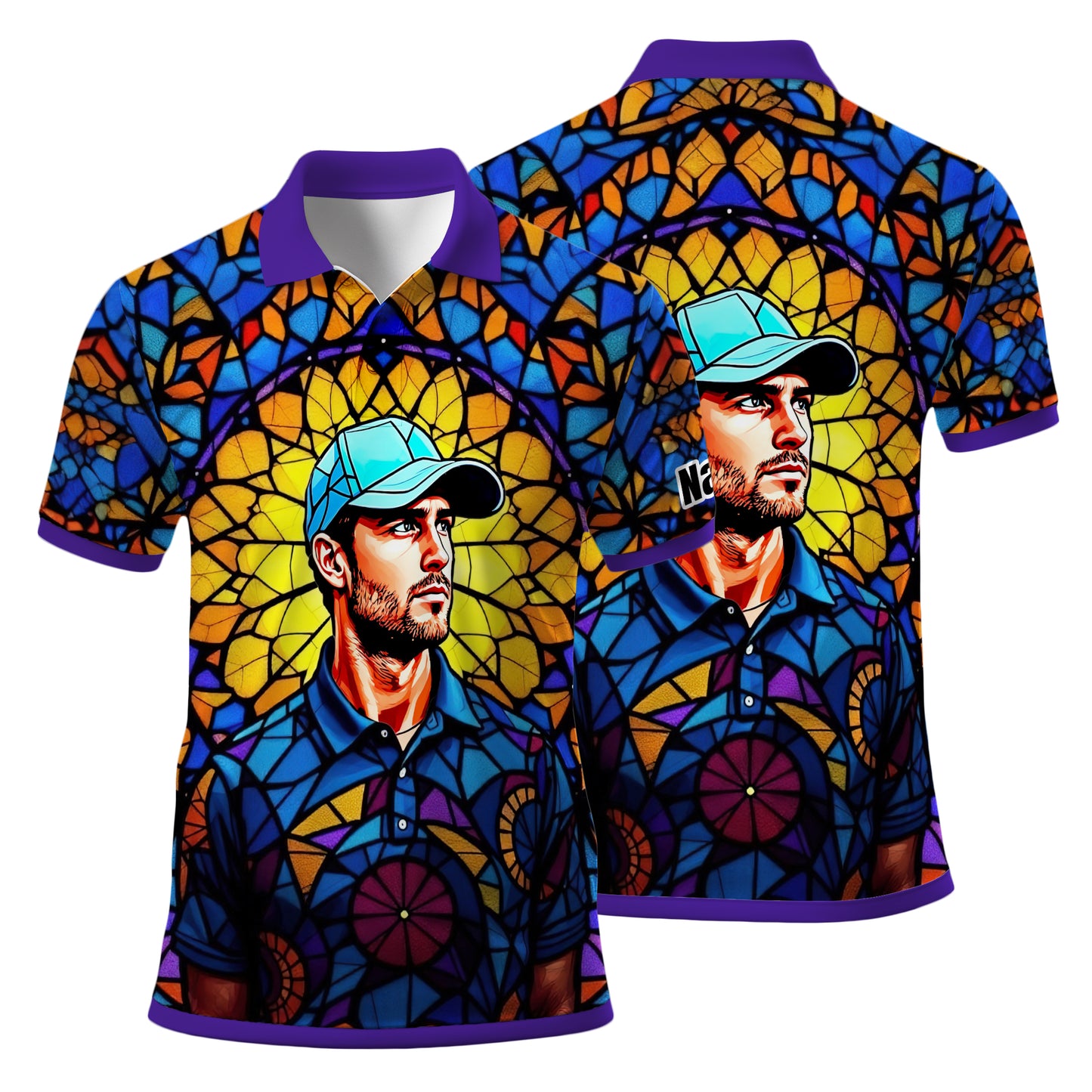 Custom Face Golf Polo Shirt – Personalized Stained Glass Art Shirt, Unique Golf Gift for Him, Colorful Abstract Golf Polo, Custom Sportswear