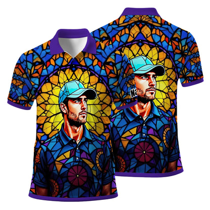 Custom Face Golf Polo Shirt – Personalized Stained Glass Art Shirt, Unique Golf Gift for Him, Colorful Abstract Golf Polo, Custom Sportswear