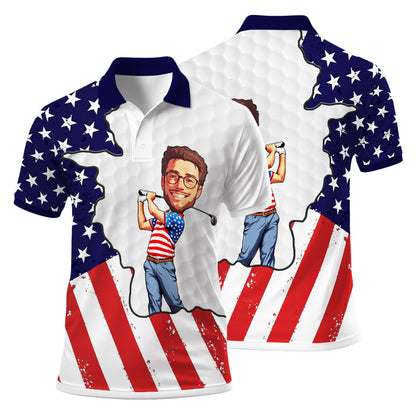 HomyGifts Men's Customized Face Artistic Golf Polo Shirt, Personalized American Flag Design, Unique Gift for Patriotic Golfers Style 1