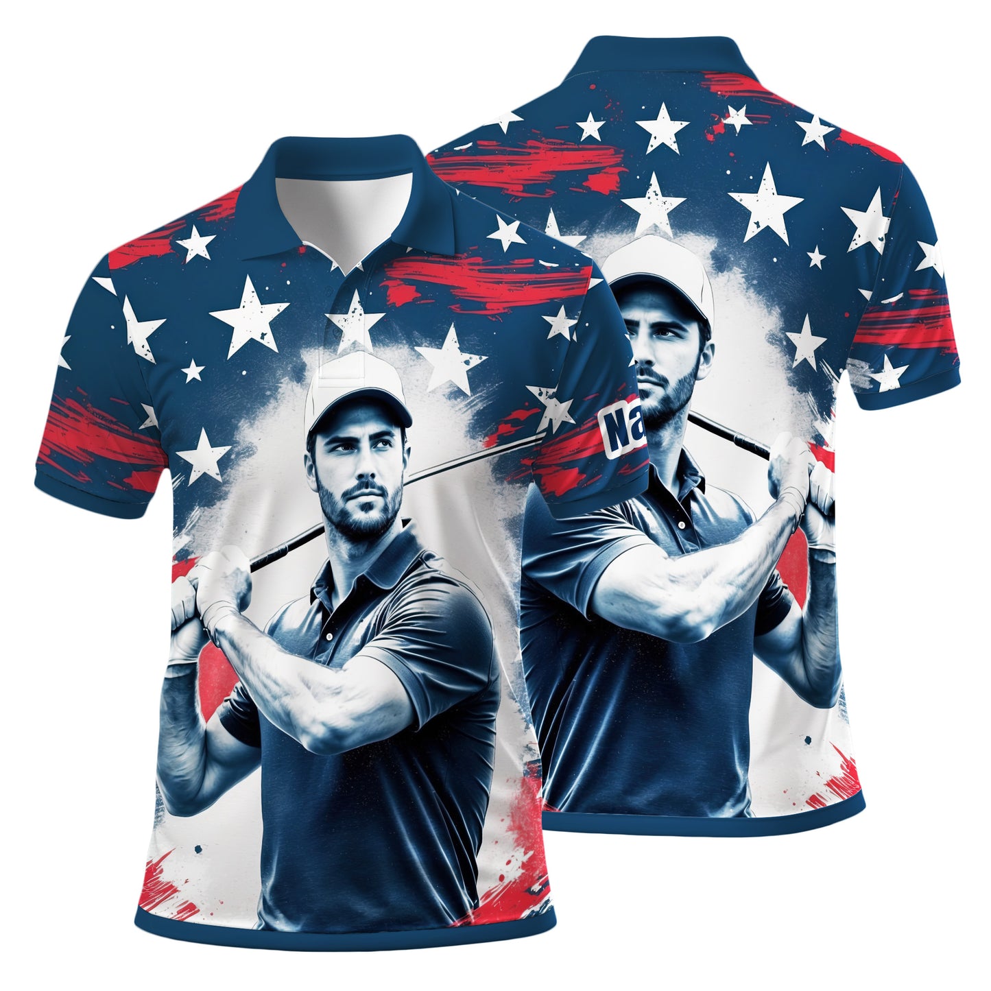 HomyGifts Men's Customized Face Artistic Golf Polo Shirt, Personalized American Flag Design, Unique Gift for Patriotic Golfers Style 29