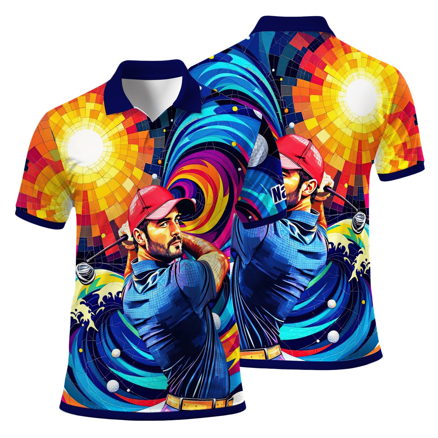 HomyGifts Men's Customized Face Artistic Golf Polo Shirt, Mosaic Art Style, Unique Personalized Golf Polo For Men Style 11