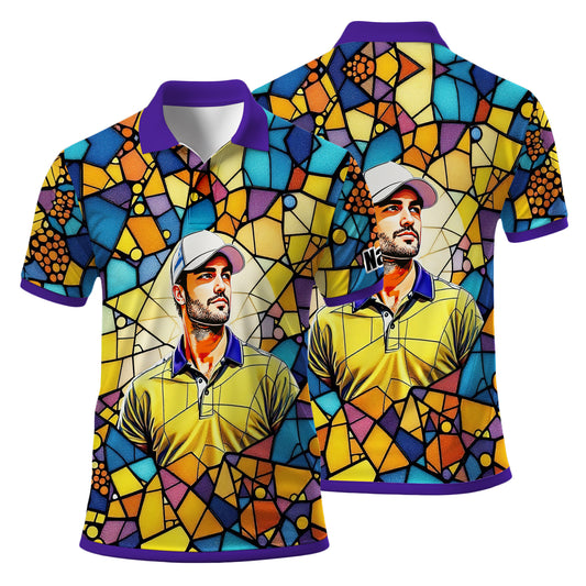 Custom Face Golf Polo Shirt – Personalized Stained Glass Art Shirt, Unique Golf Gift for Him, Colorful Abstract Golf Polo, Custom Sportswear