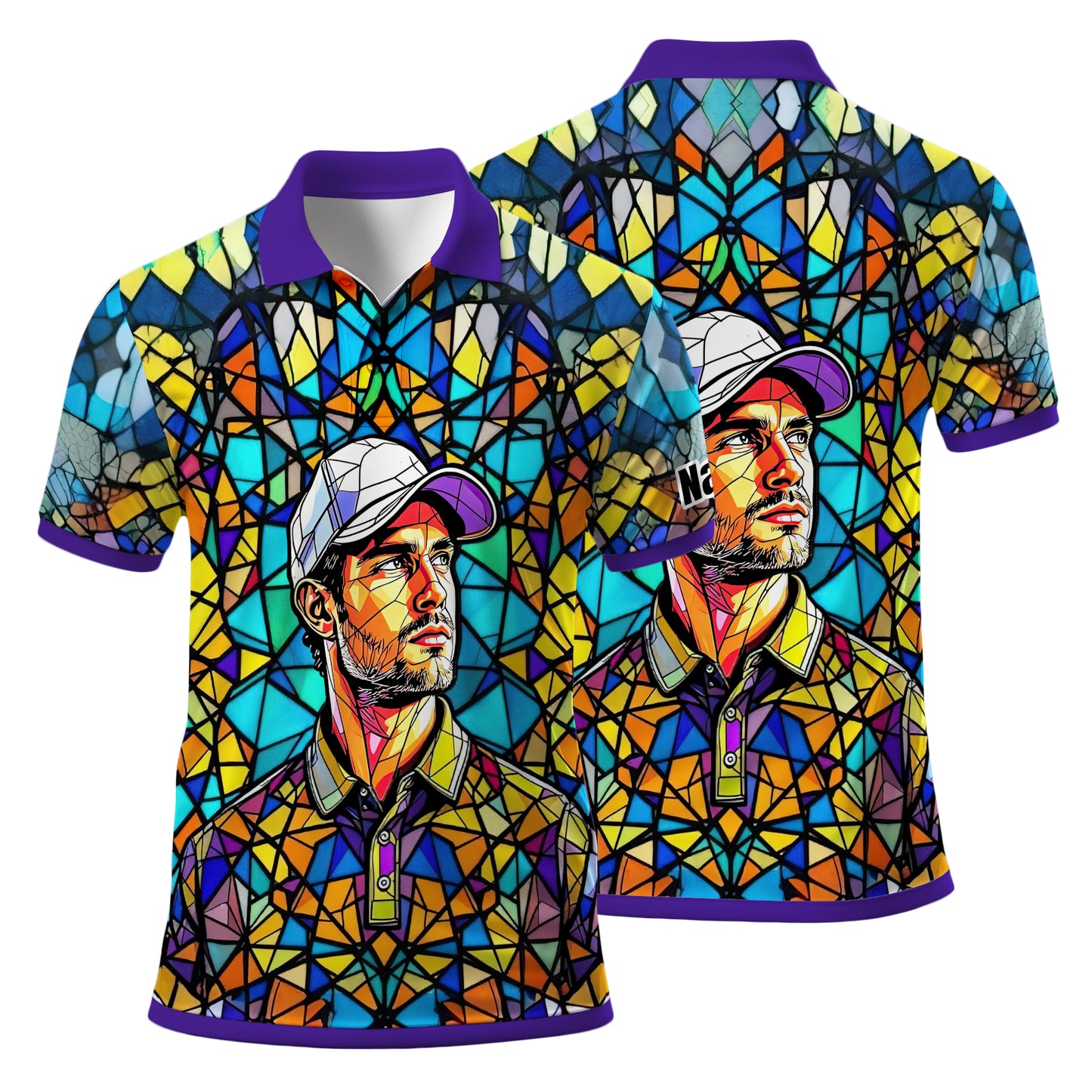 Custom Face Golf Polo Shirt – Personalized Stained Glass Art Shirt, Unique Golf Gift for Him, Colorful Abstract Golf Polo, Custom Sportswear