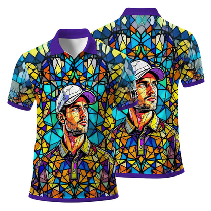 Custom Face Golf Polo Shirt – Personalized Stained Glass Art Shirt, Unique Golf Gift for Him, Colorful Abstract Golf Polo, Custom Sportswear