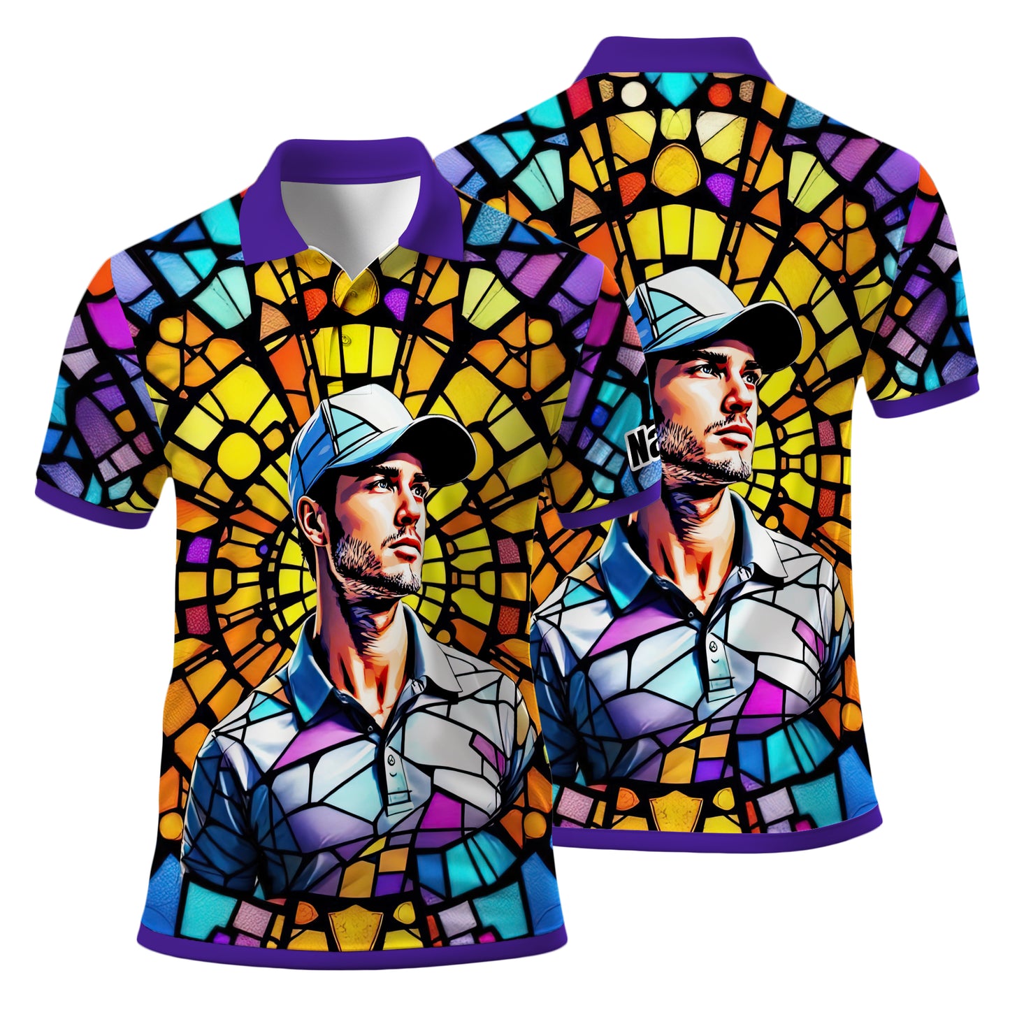 Custom Face Golf Polo Shirt – Personalized Stained Glass Art Shirt, Unique Golf Gift for Him, Colorful Abstract Golf Polo, Custom Sportswear