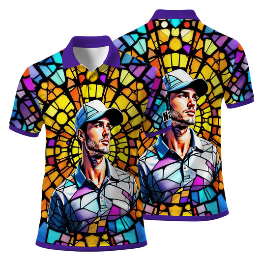 Custom Face Golf Polo Shirt – Personalized Stained Glass Art Shirt, Unique Golf Gift for Him, Colorful Abstract Golf Polo, Custom Sportswear