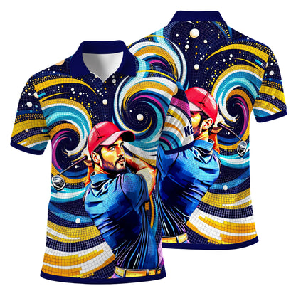 HomyGifts Men's Customized Face Artistic Golf Polo Shirt, Mosaic Art Style, Unique Personalized Golf Polo For Men Style 18